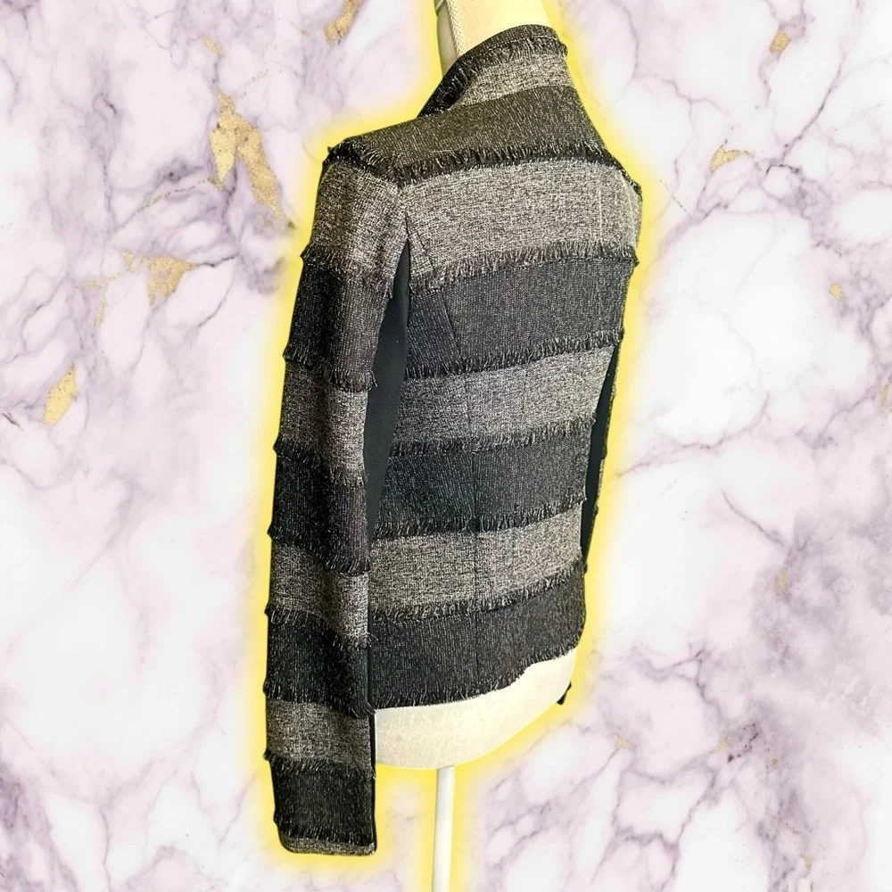 NWOT BCBGMaxAzria ‘Aubree’ Tweed Draped Front Jacket in Black & Gray Stripe XXS